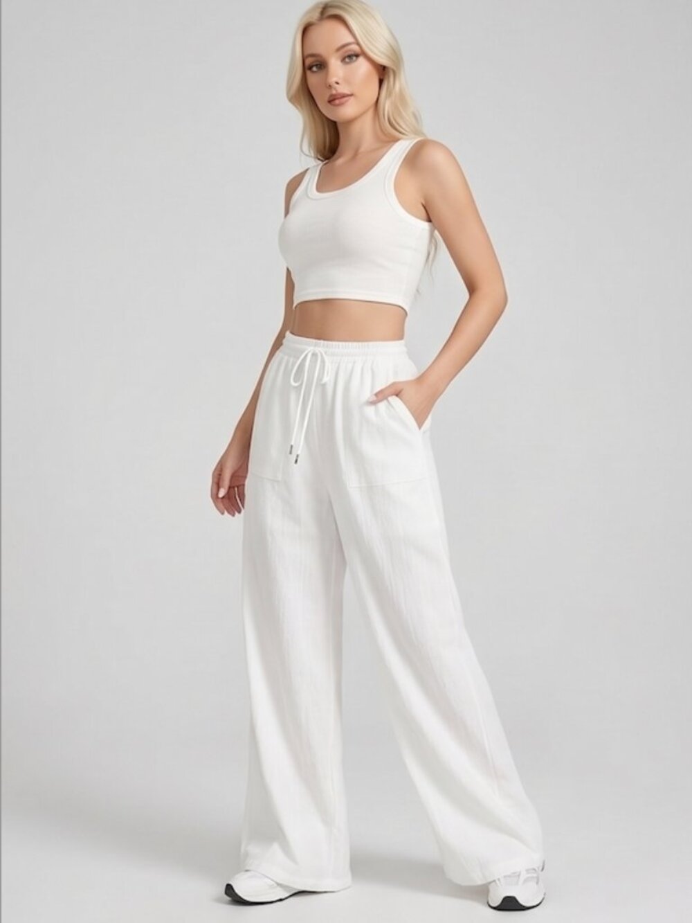 100% Cotton Drawstring Waist Wide Leg Pants White - Picture 2 of 7